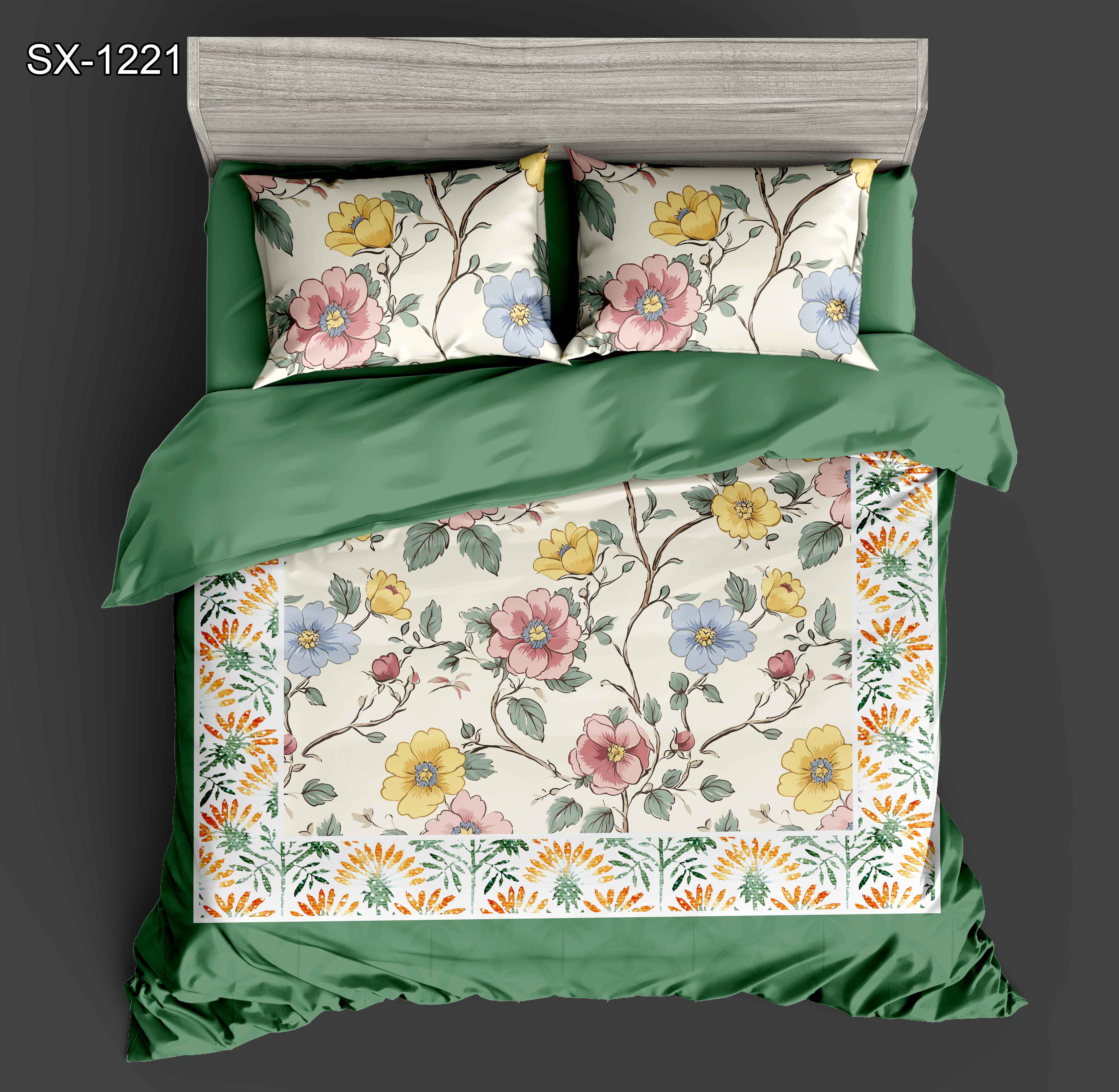 5D Digital Printed Bed Sheet Set Blomster med flerfarvet blomst og botanisk kantdesign