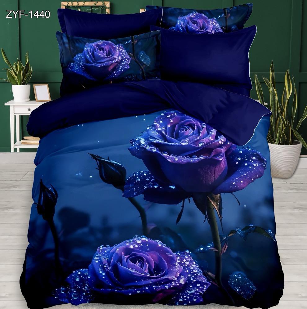 5D Digital Printed Bed Sheet Set Blomster med Blue Rose og Dewdrop Design